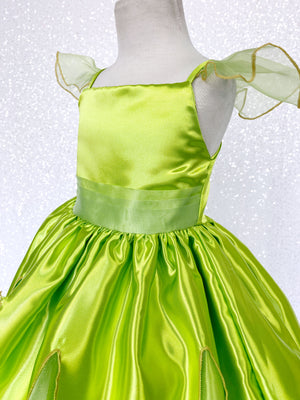 Tinkerbell Fairy Inspired Green Satin Spaghetti Strap Halloween Costume Dress