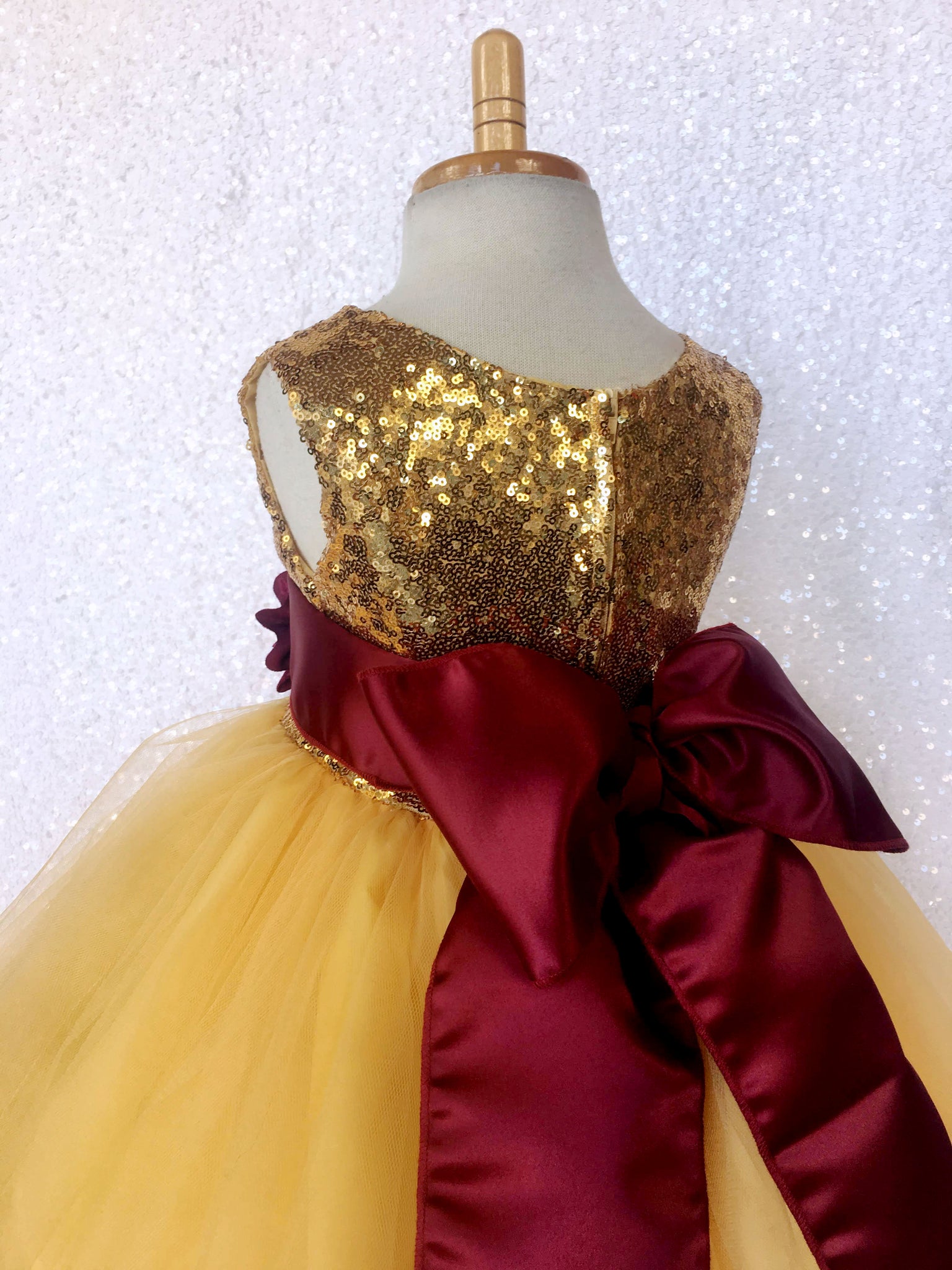 Mini Sequin Yellow Gold 2 Layer Dress Burgundy Satin Sash Velvet Flower