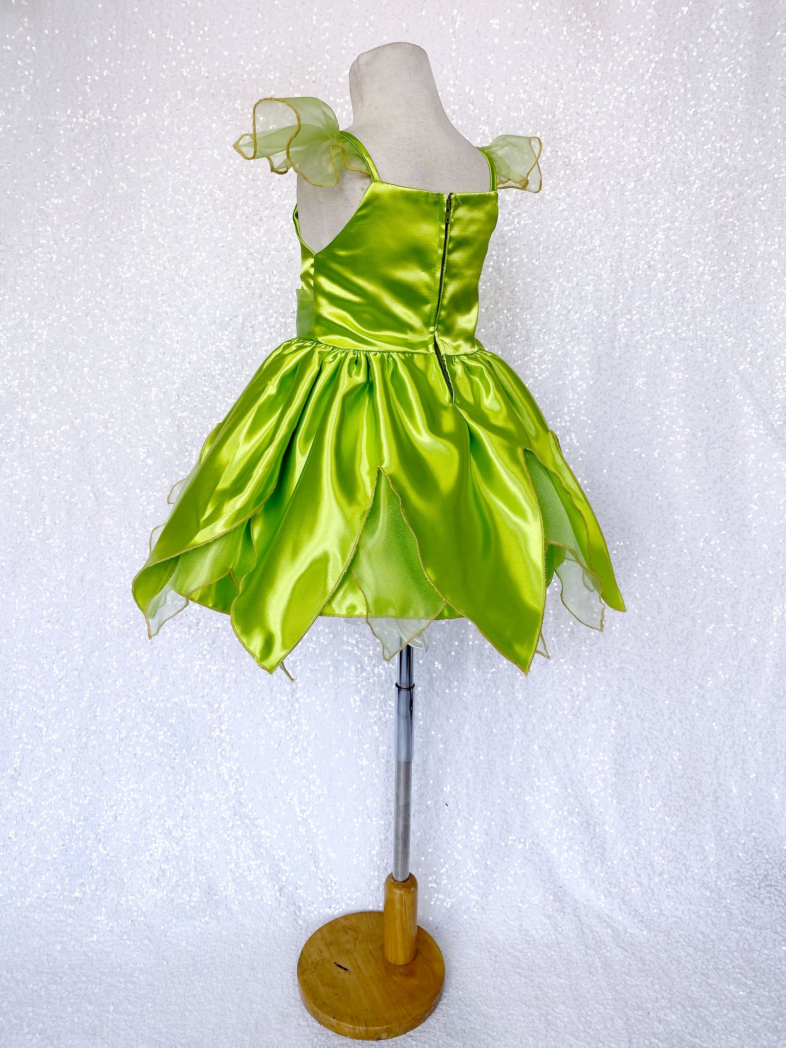 Tinkerbell Fairy Inspired Green Satin Spaghetti Strap Halloween Costume Dress