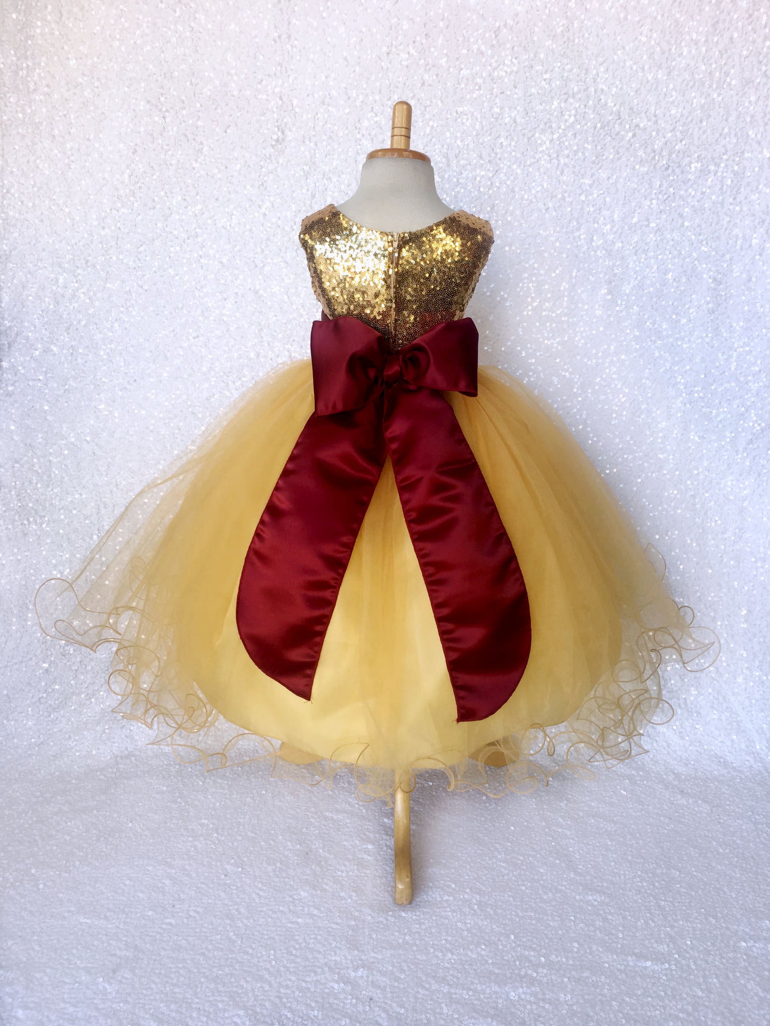 Mini Sequin Yellow Gold 2 Layer Dress Burgundy Satin Sash Velvet Flower