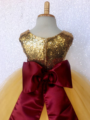 Mini Sequin Yellow Gold 2 Layer Dress Burgundy Satin Sash Velvet Flower