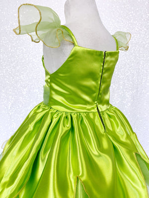 Tinkerbell Fairy Inspired Green Satin Spaghetti Strap Halloween Costume Dress