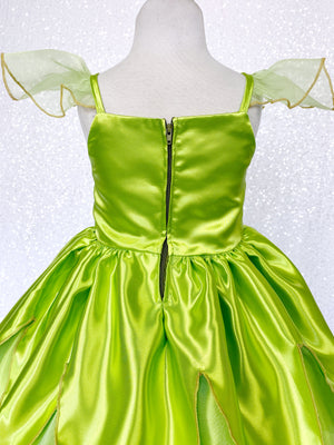 Tinkerbell Fairy Inspired Green Satin Spaghetti Strap Halloween Costume Dress