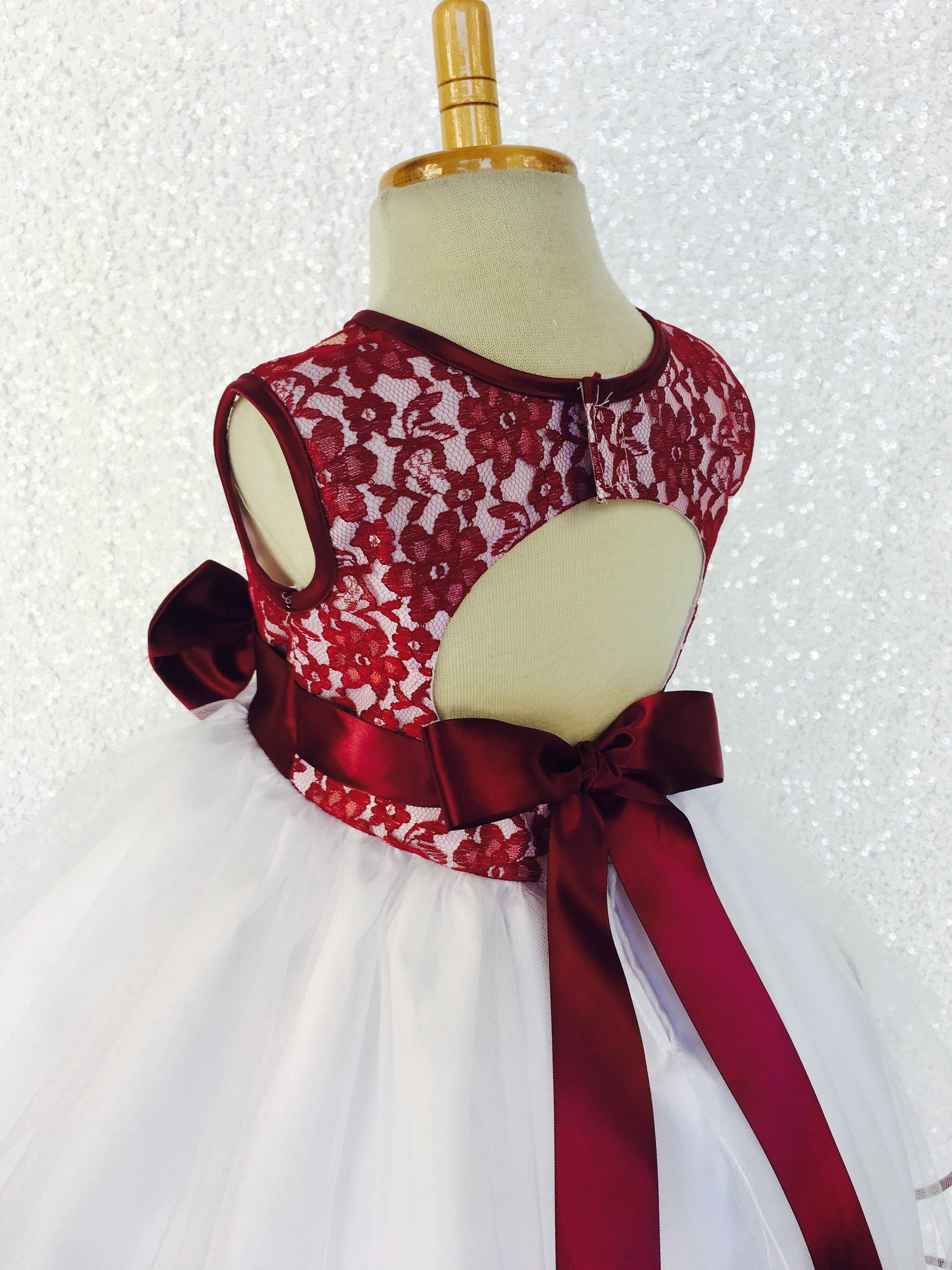 Burgundy Lace Satin Bias 2 Layer White Tulle Keyhole Dress