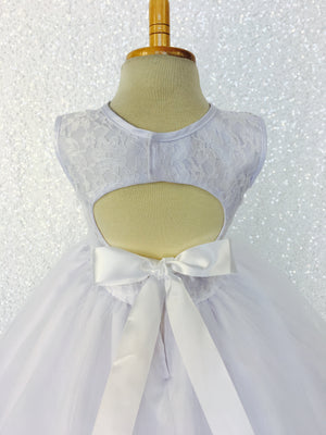 Classic White Lace Bias 2 Layer Tulle Satin Bow Gown