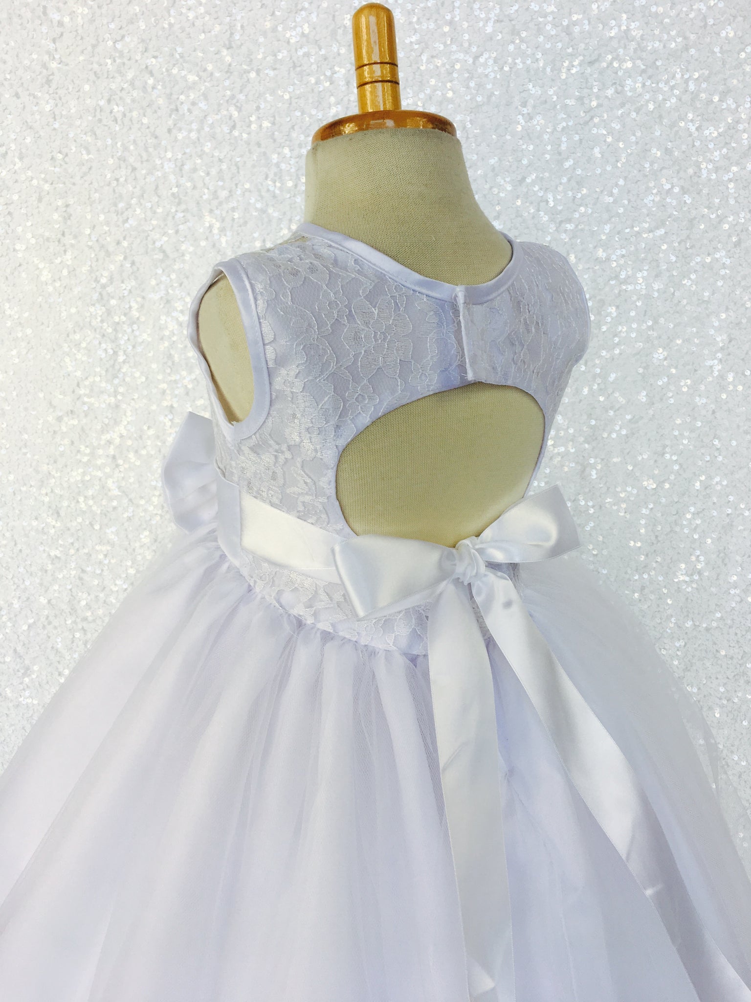 Classic White Lace Bias 2 Layer Tulle Satin Bow Gown