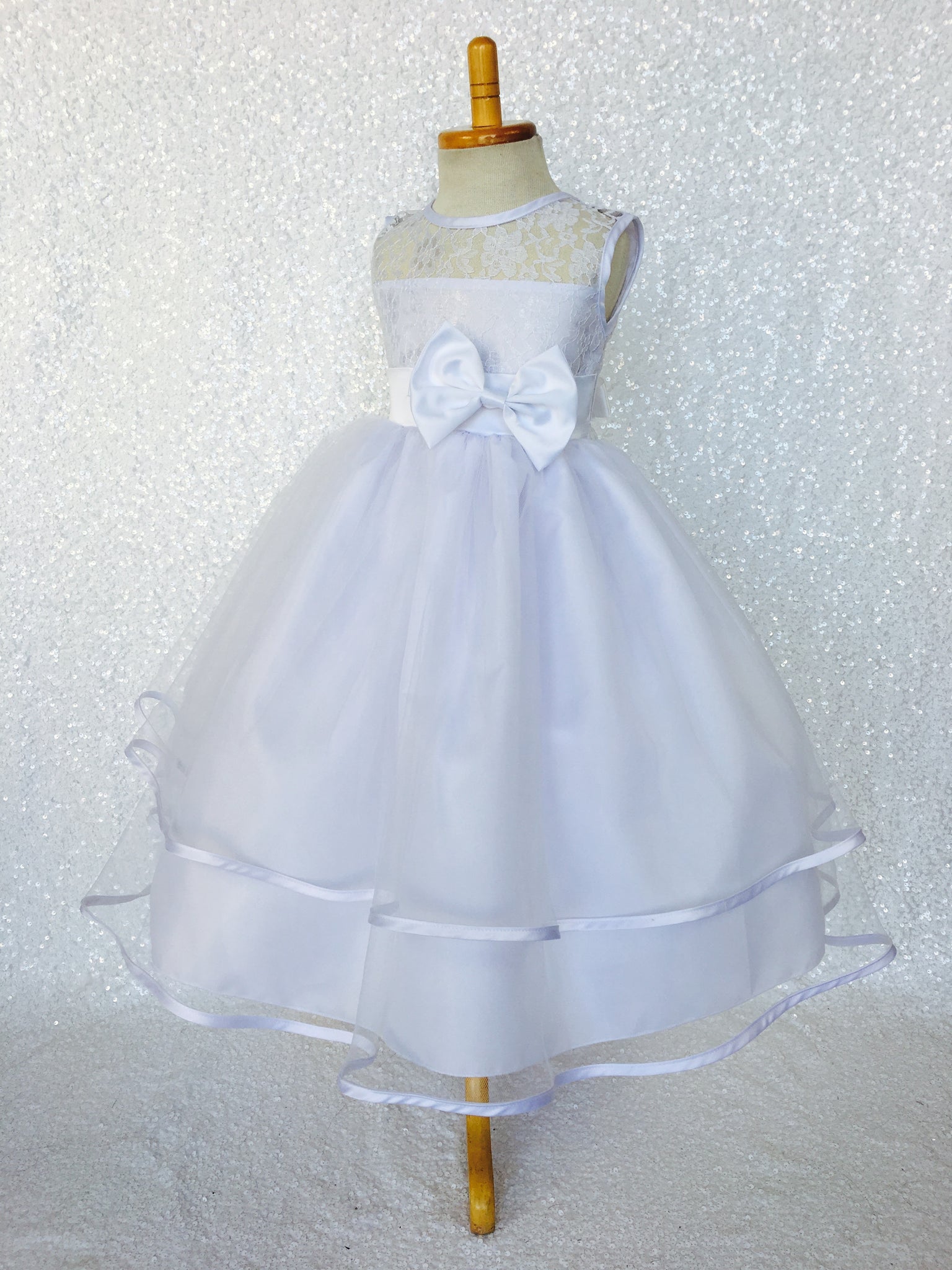 Classic White Lace Bias 2 Layer Tulle Satin Bow Gown