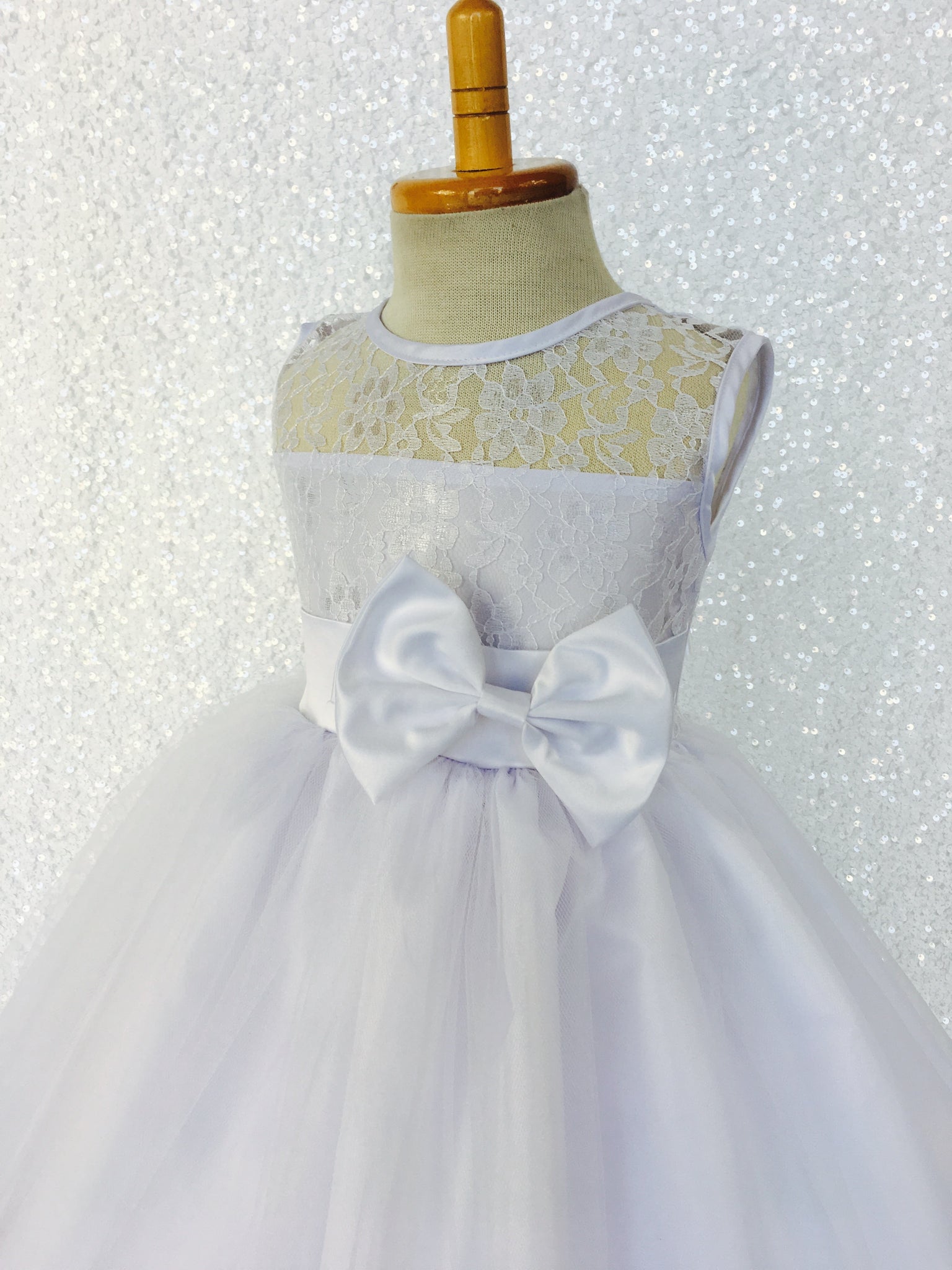 Classic White Lace Bias 2 Layer Tulle Satin Bow Gown