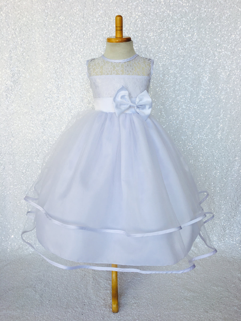 Classic White Lace Bias 2 Layer Tulle Satin Bow Gown