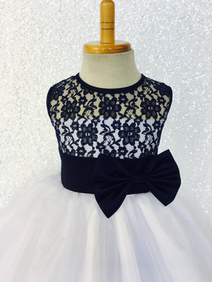 Navy Blue Lace Bias 2 Layer White Skirt Keyhole Dress