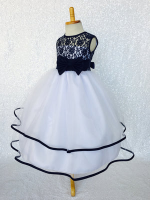 Navy Blue Lace Bias 2 Layer White Skirt Keyhole Dress