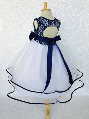 Navy Blue Lace Bias 2 Layer White Skirt Keyhole Dress