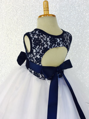 Navy Blue Lace Bias 2 Layer White Skirt Keyhole Dress