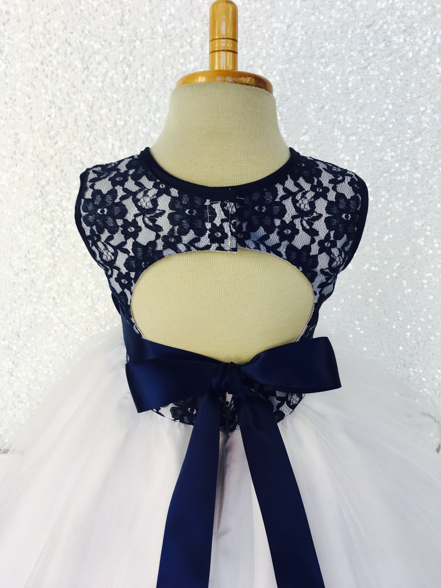 Navy Blue Lace Bias 2 Layer White Skirt Keyhole Dress