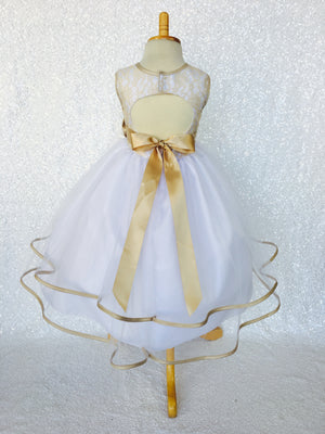 Sleeveless Yellow Lace Satin Bias 2 Layer White Skirt Keyhole Dress