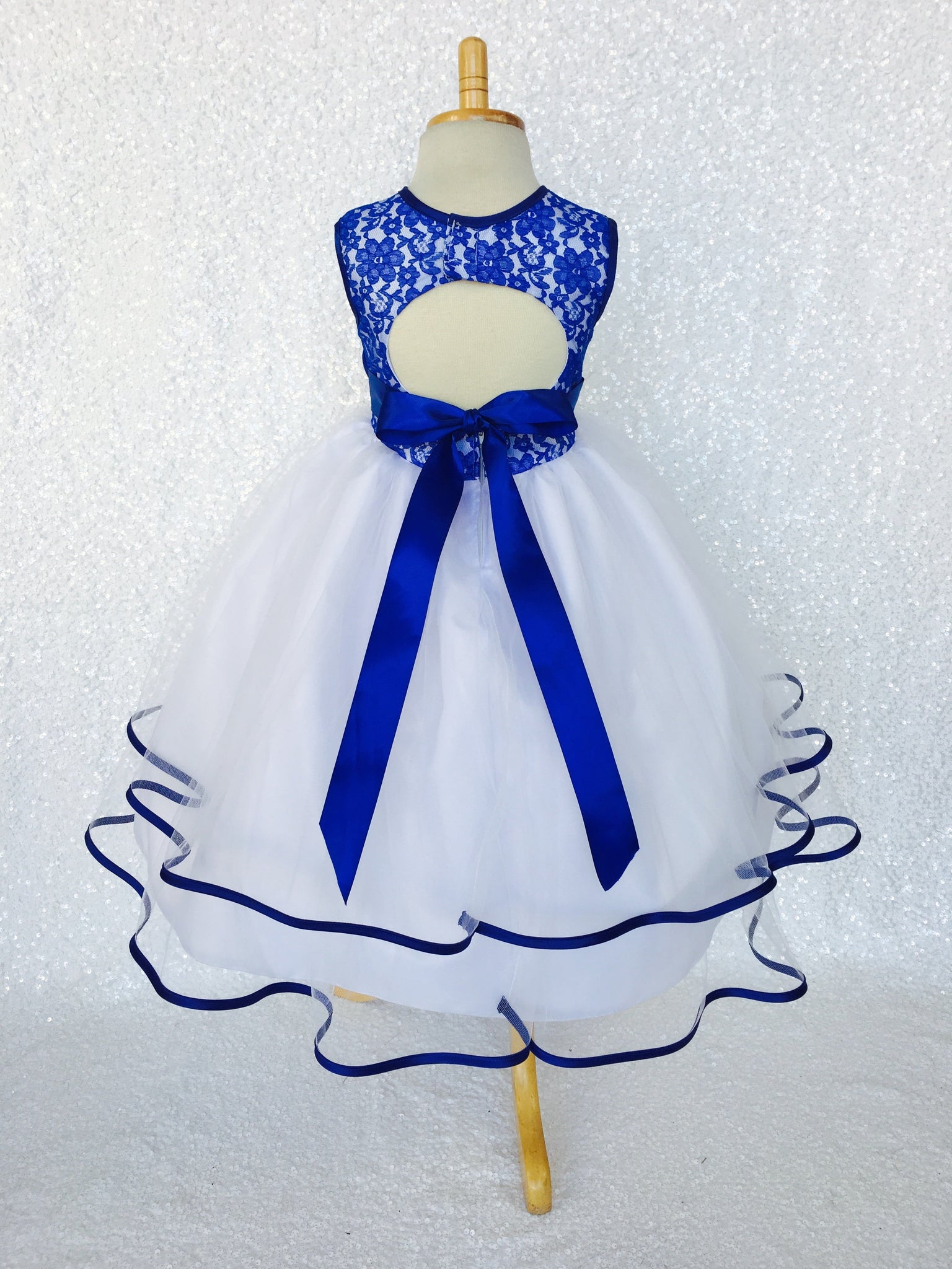 Royal Blue Lace Bias 2 Layer White Skirt Keyhole Dress