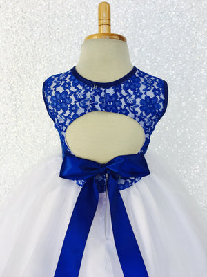 Royal Blue Lace Bias 2 Layer White Skirt Keyhole Dress