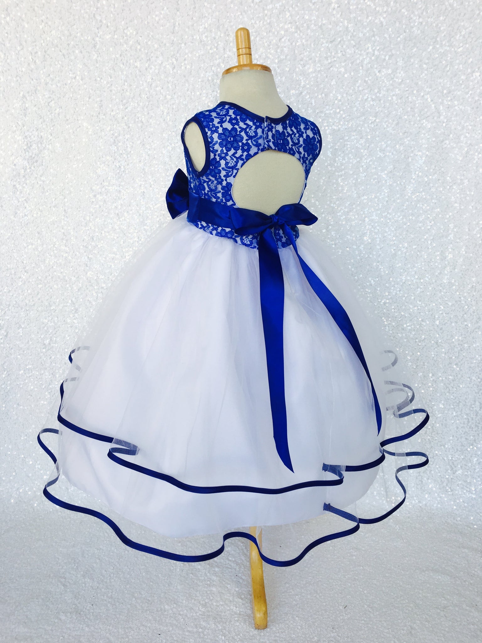 Royal Blue Lace Bias 2 Layer White Skirt Keyhole Dress