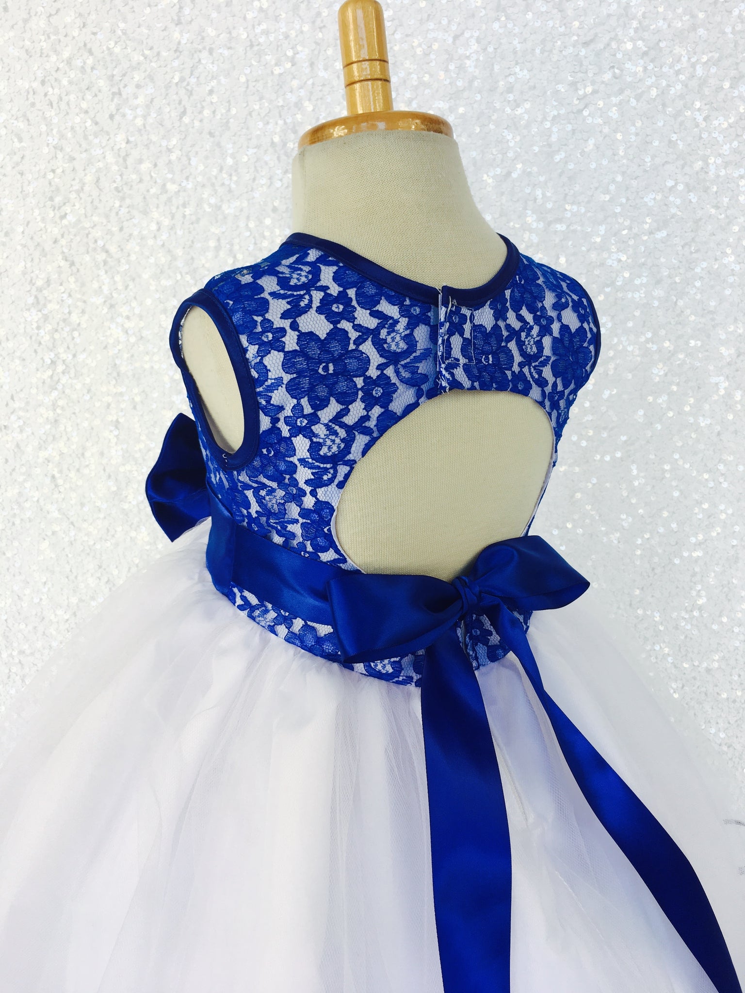 Royal Blue Lace Bias 2 Layer White Skirt Keyhole Dress