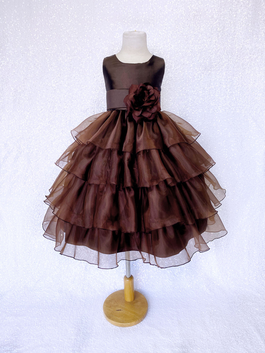 Brown Sleeveless Satin Organza Ruffle Dress