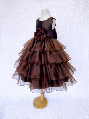 Brown Sleeveless Satin Organza Ruffle Dress