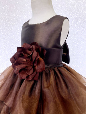 Brown Sleeveless Satin Organza Ruffle Dress