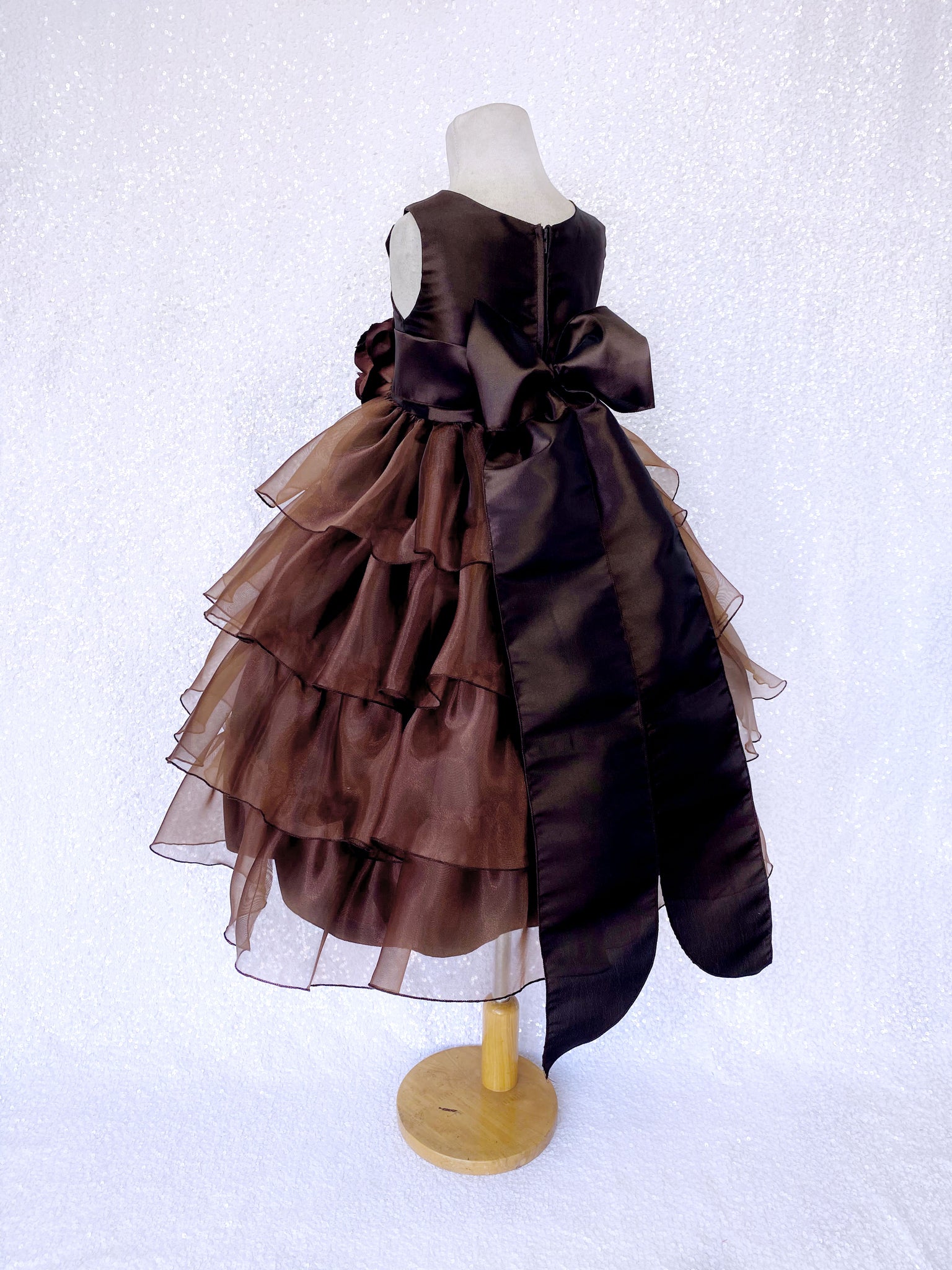 Brown Sleeveless Satin Organza Ruffle Dress