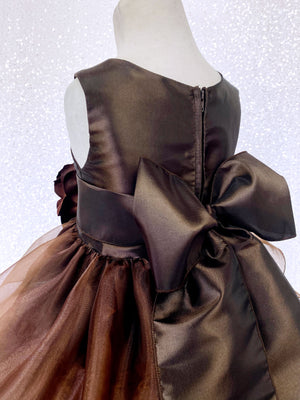 Brown Sleeveless Satin Organza Ruffle Dress