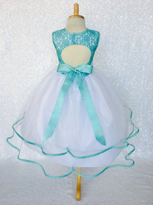 Aqua Lace Bias 2 Layer White Skirt Keyhole Dress