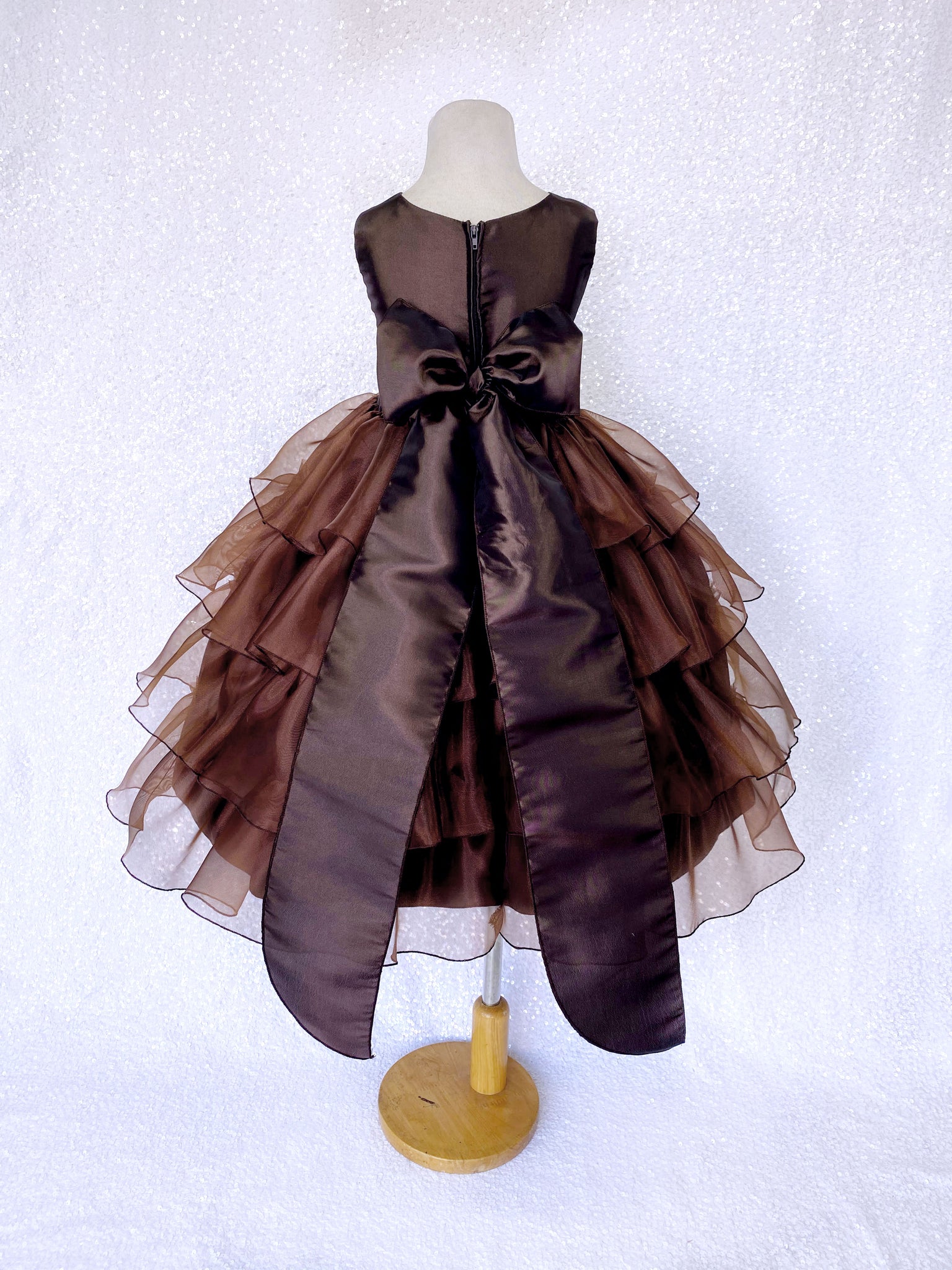 Brown Sleeveless Satin Organza Ruffle Dress