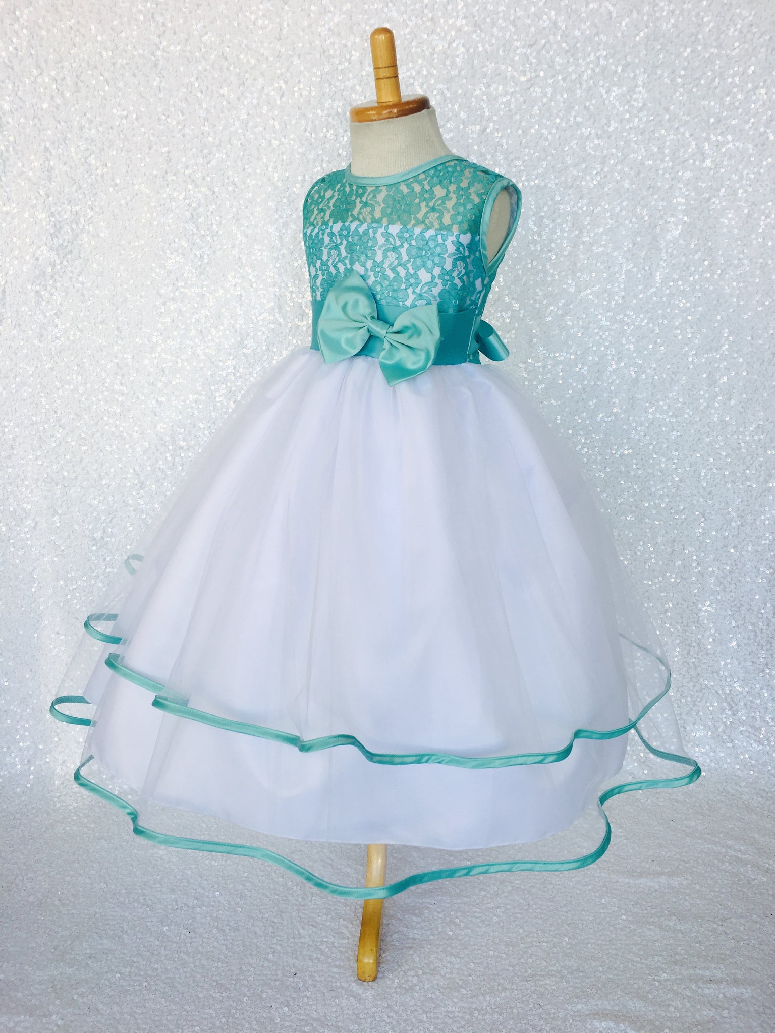 Aqua Lace Bias 2 Layer White Skirt Keyhole Dress