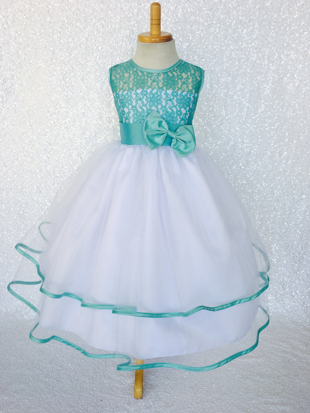 Aqua Lace Bias 2 Layer White Skirt Keyhole Dress