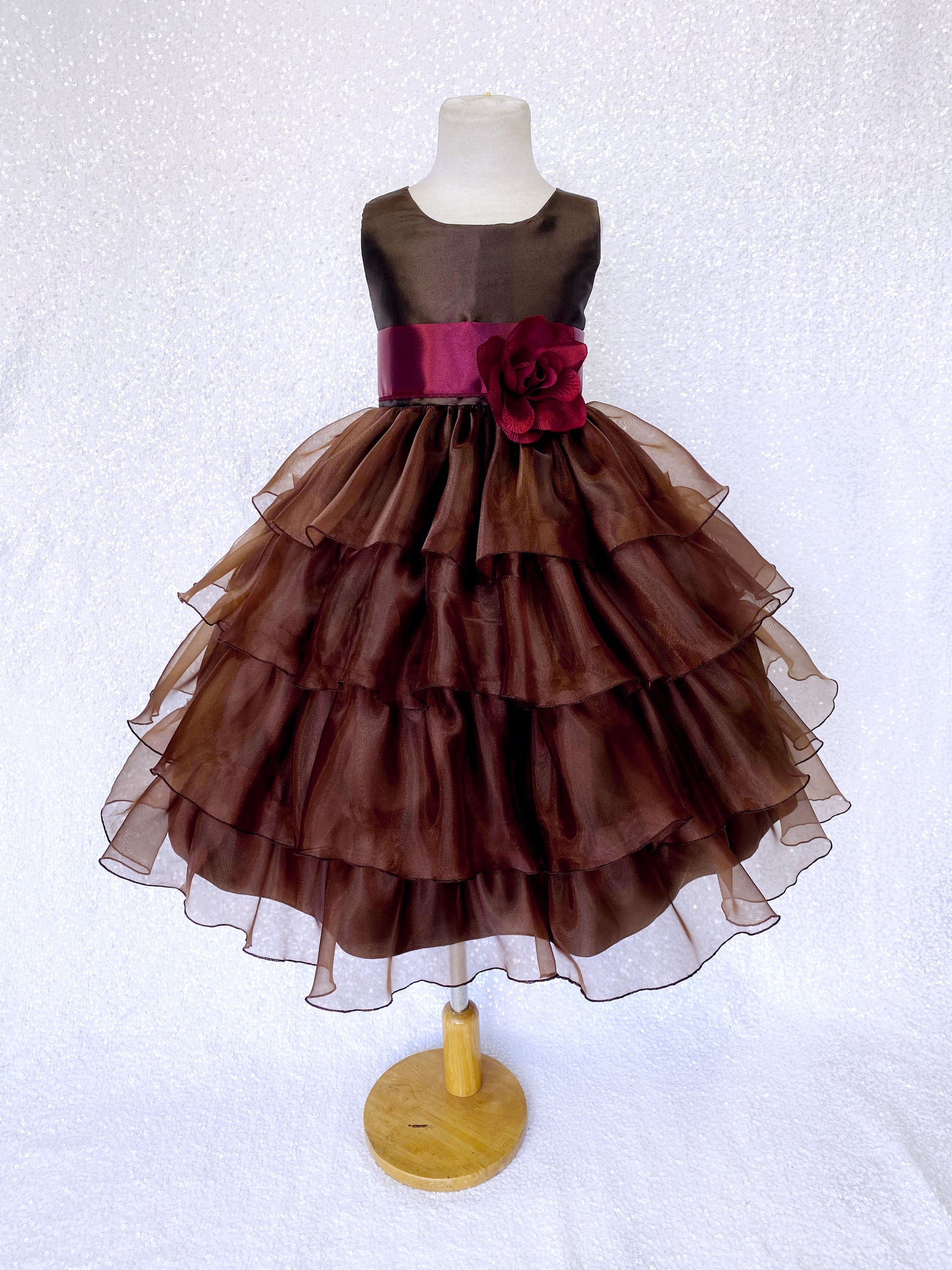 Brown Sleeveless Satin Organza Ruffle Dress