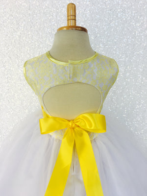 Sleeveless Yellow Lace Satin Bias 2 Layer White Skirt Keyhole Dress