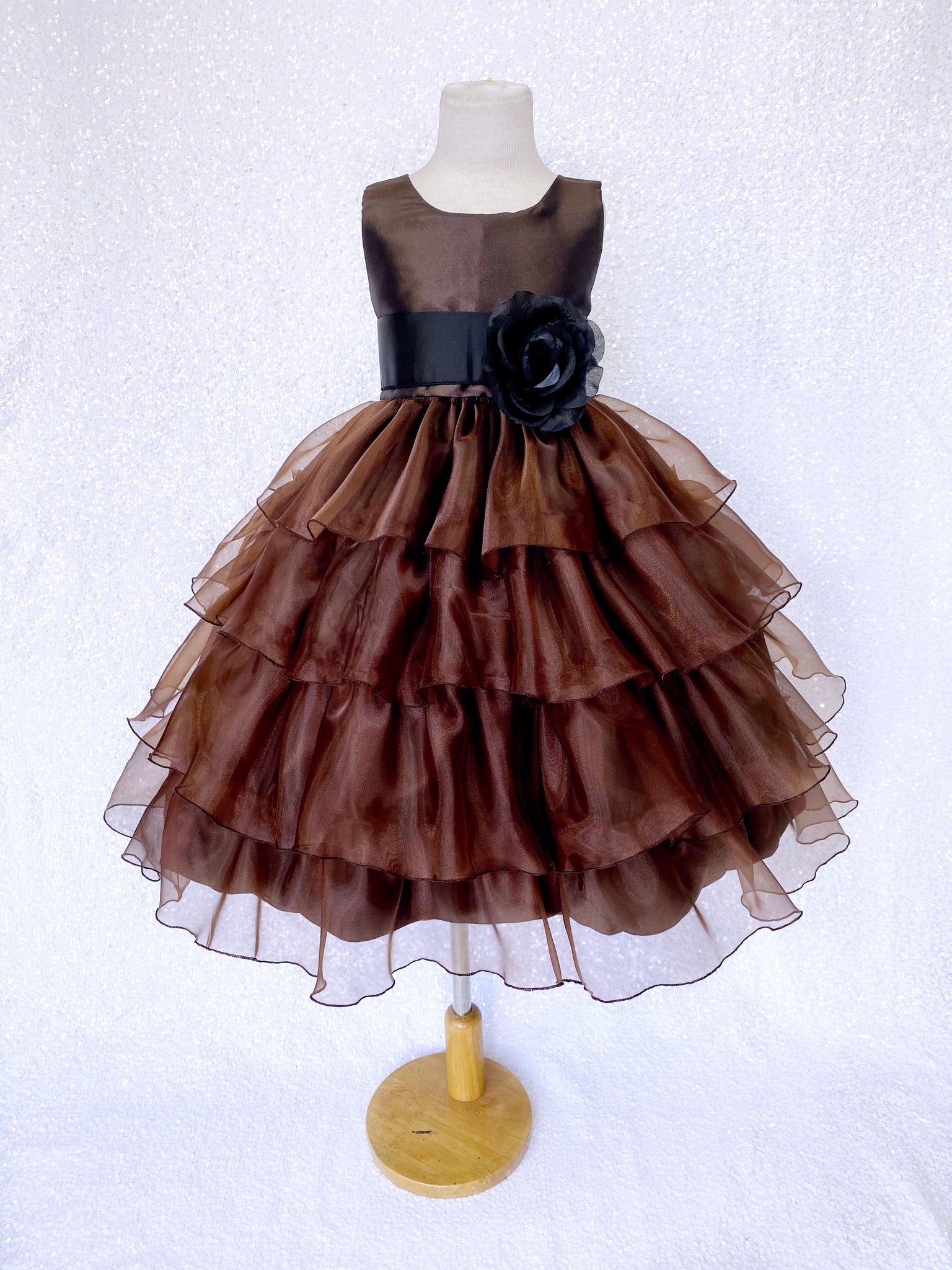 Brown Sleeveless Satin Organza Ruffle Dress