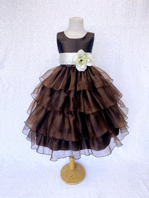 Brown Sleeveless Satin Organza Ruffle Dress