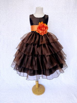 Brown Sleeveless Satin Organza Ruffle Dress