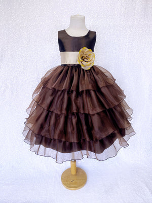 Brown Sleeveless Satin Organza Ruffle Dress