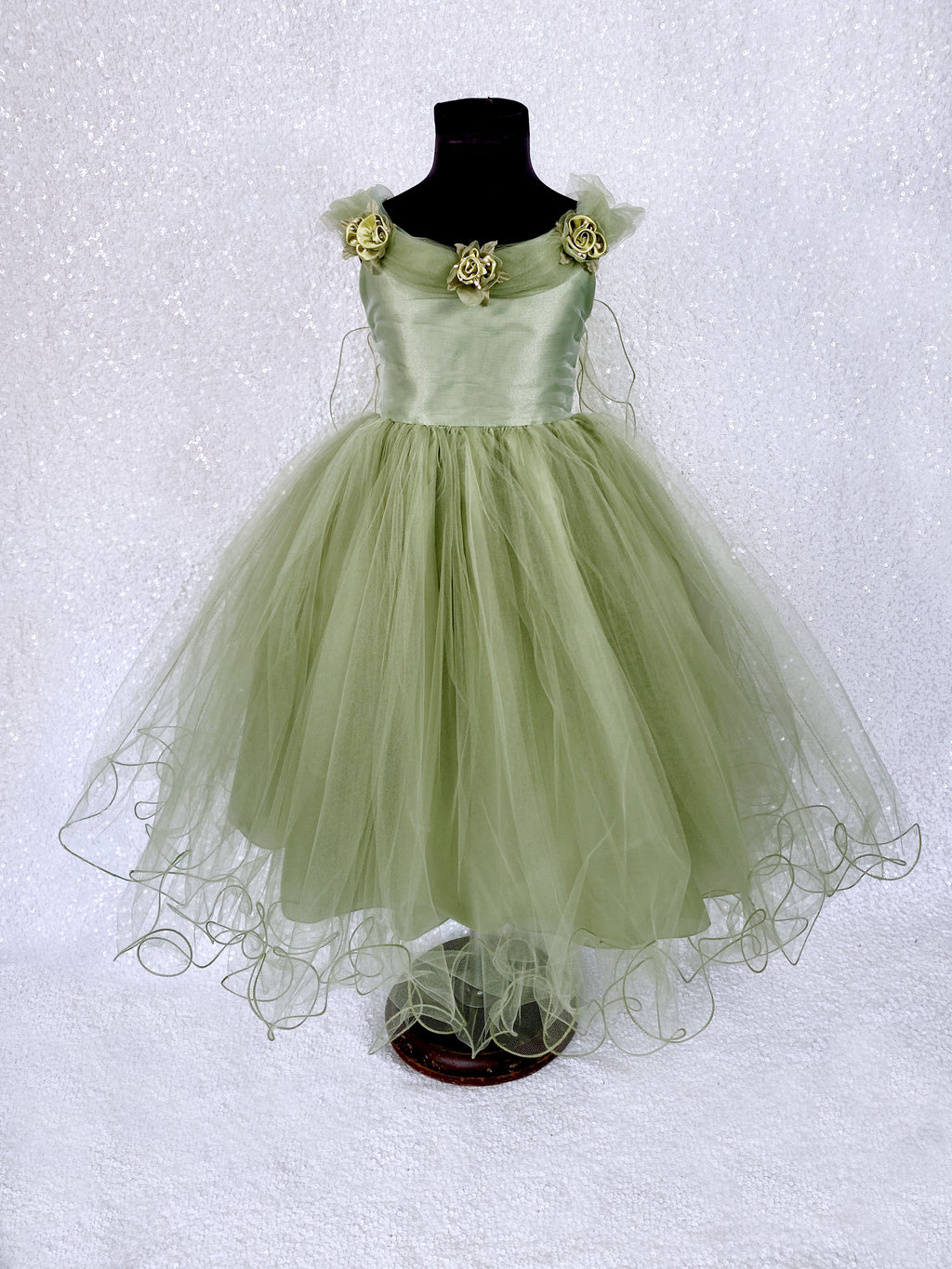 Sage Tulle 2 Layer FL Floral Wing Application Dress