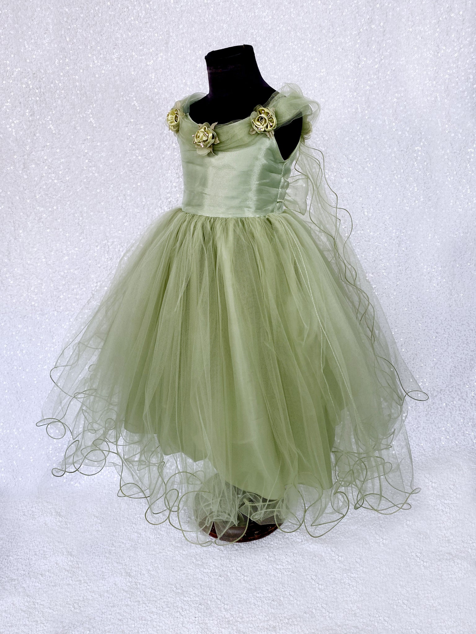 Sage Tulle 2 Layer FL Floral Wing Application Dress