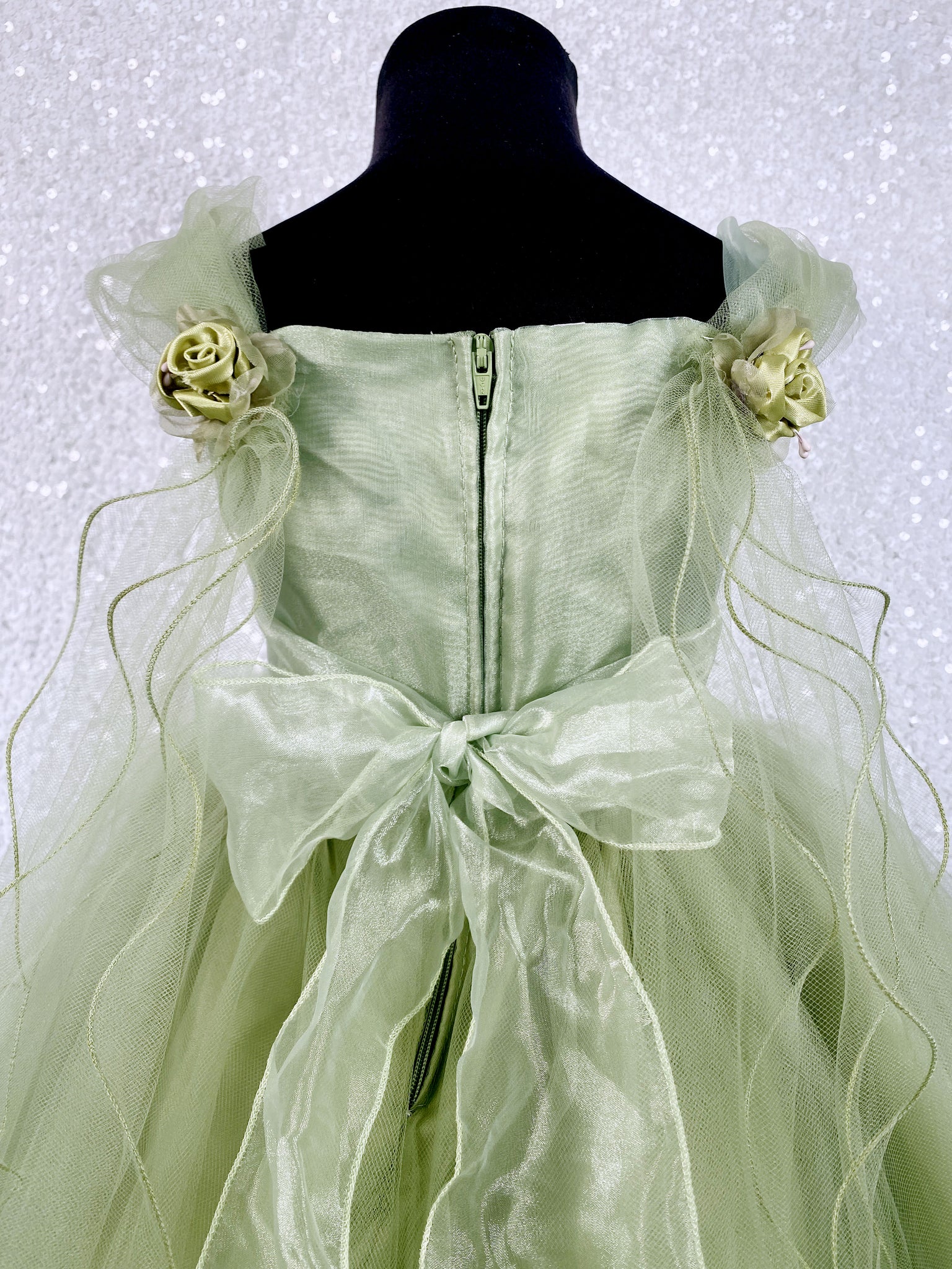 Sage Tulle 2 Layer FL Floral Wing Application Dress