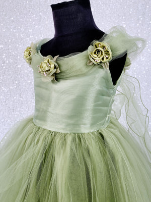 Sage Tulle 2 Layer FL Floral Wing Application Dress