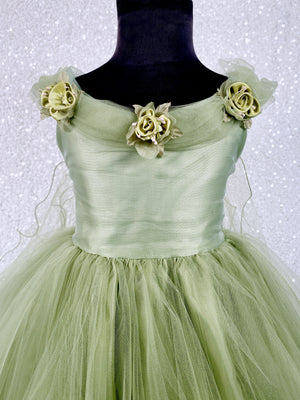 Sage Tulle 2 Layer FL Floral Wing Application Dress