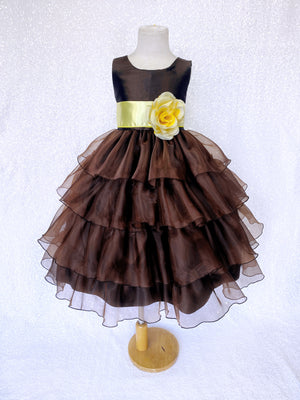 Brown Sleeveless Satin Organza Ruffle Dress