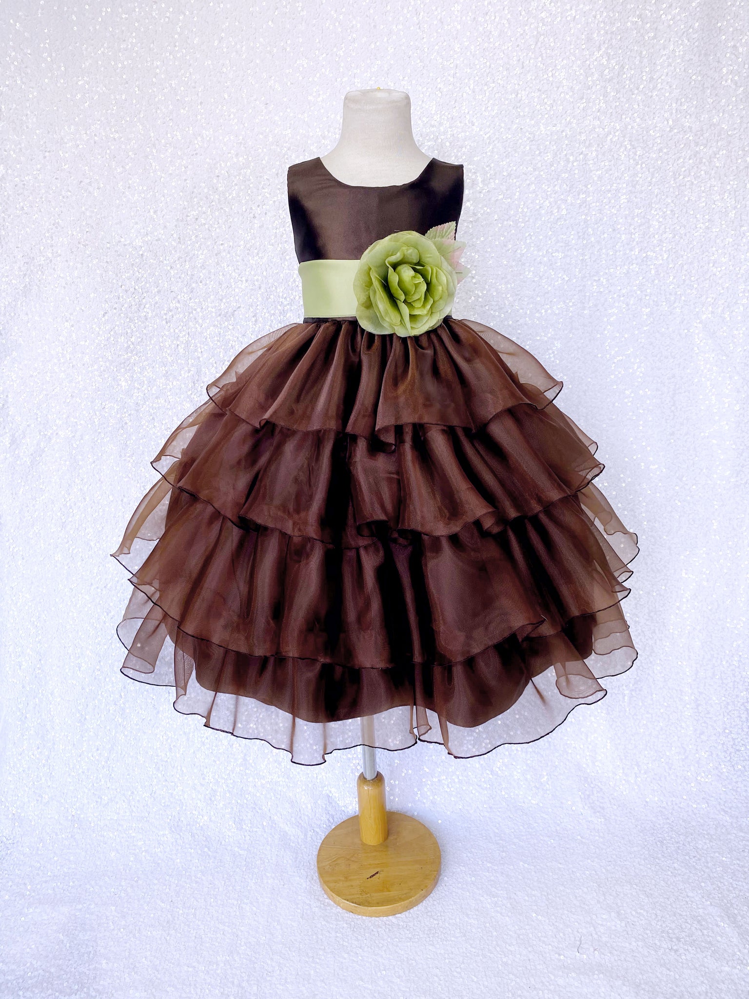 Brown Sleeveless Satin Organza Ruffle Dress