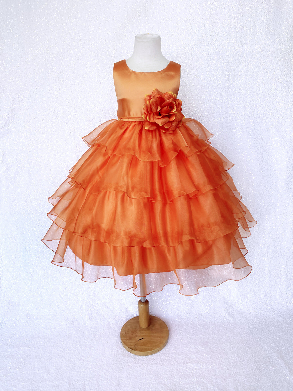 Orange Sleeveless Satin Organza Ruffle Dress