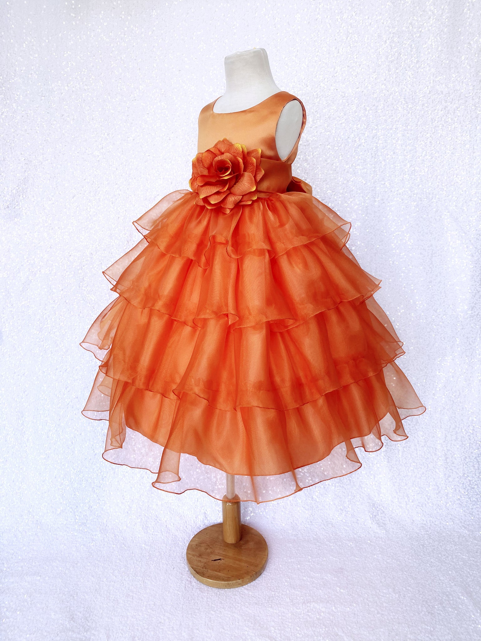 Orange Sleeveless Satin Organza Ruffle Dress