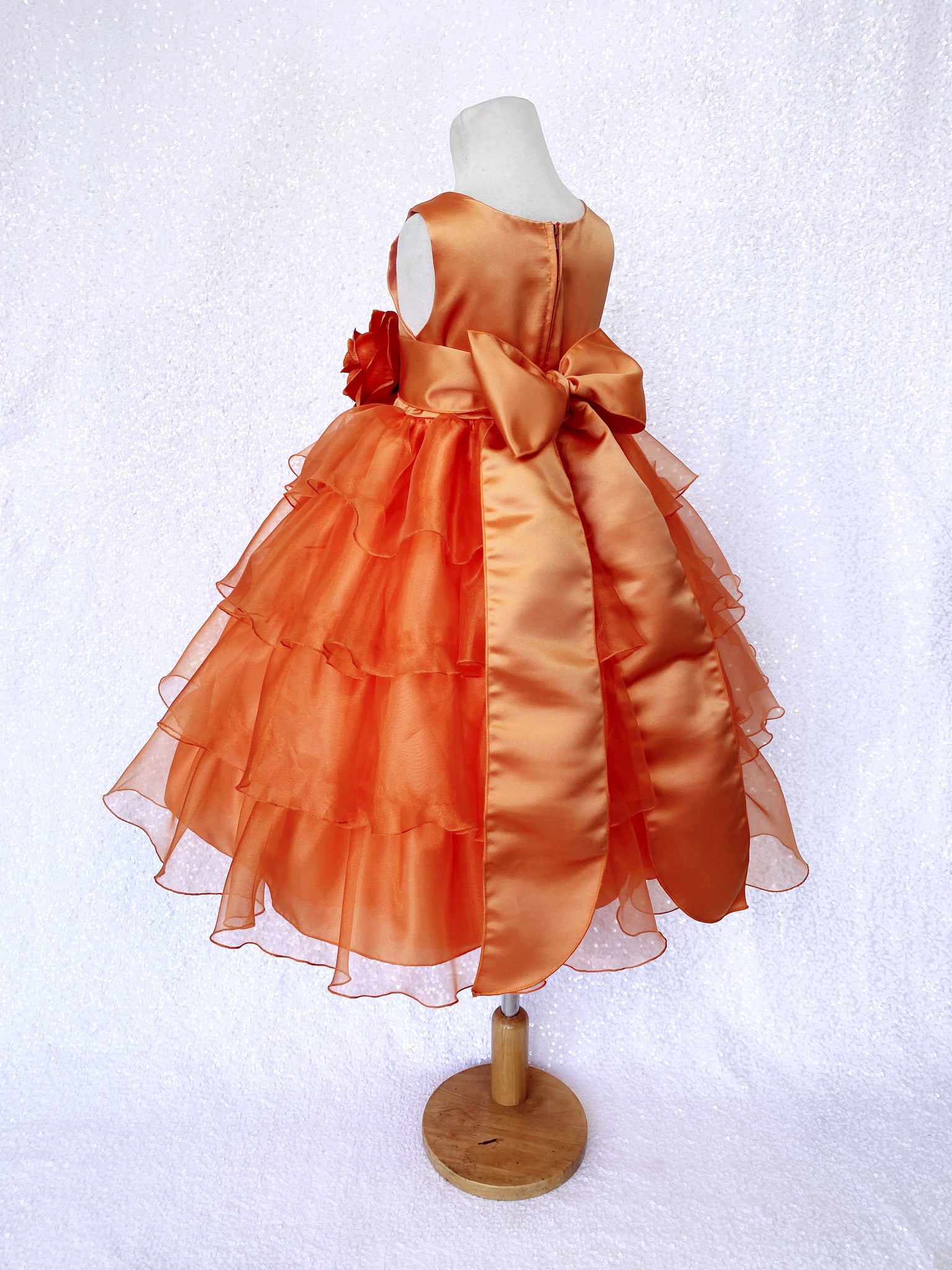 Orange Sleeveless Satin Organza Ruffle Dress