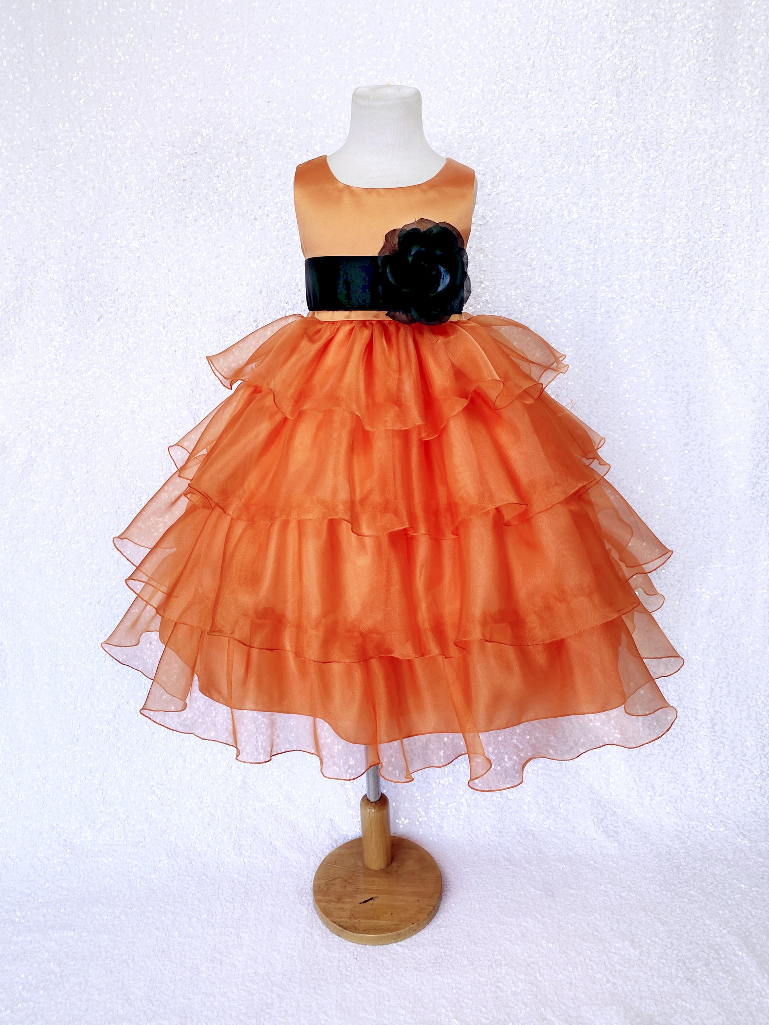 Orange Sleeveless Satin Organza Ruffle Dress