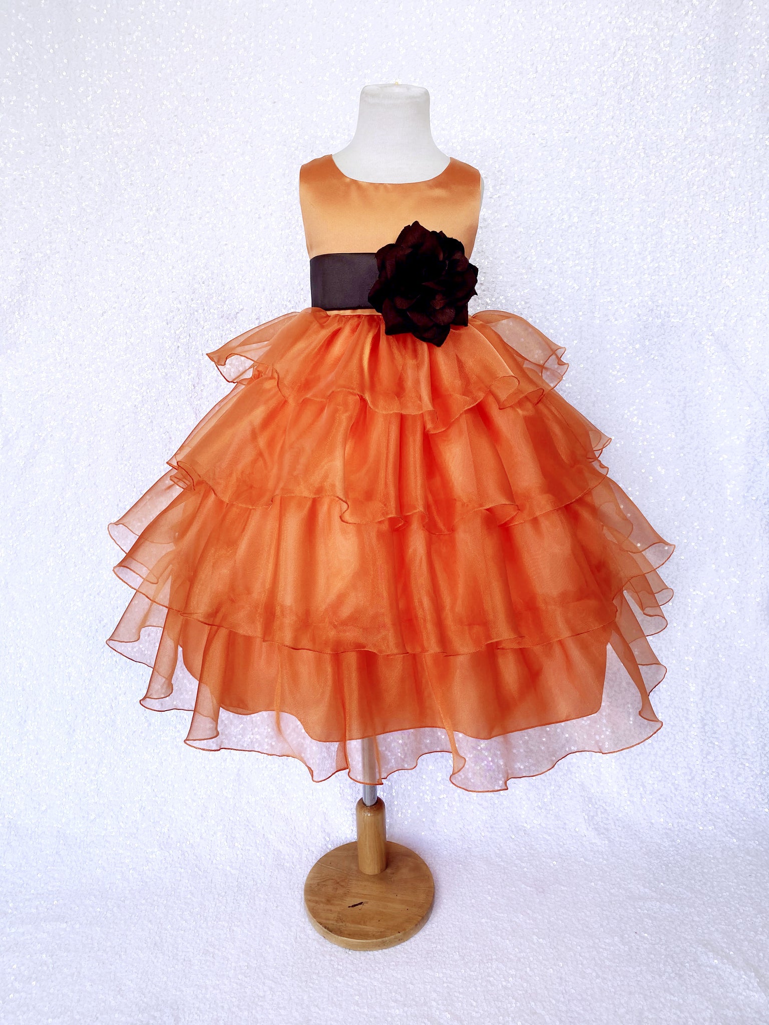 Orange Sleeveless Satin Organza Ruffle Dress